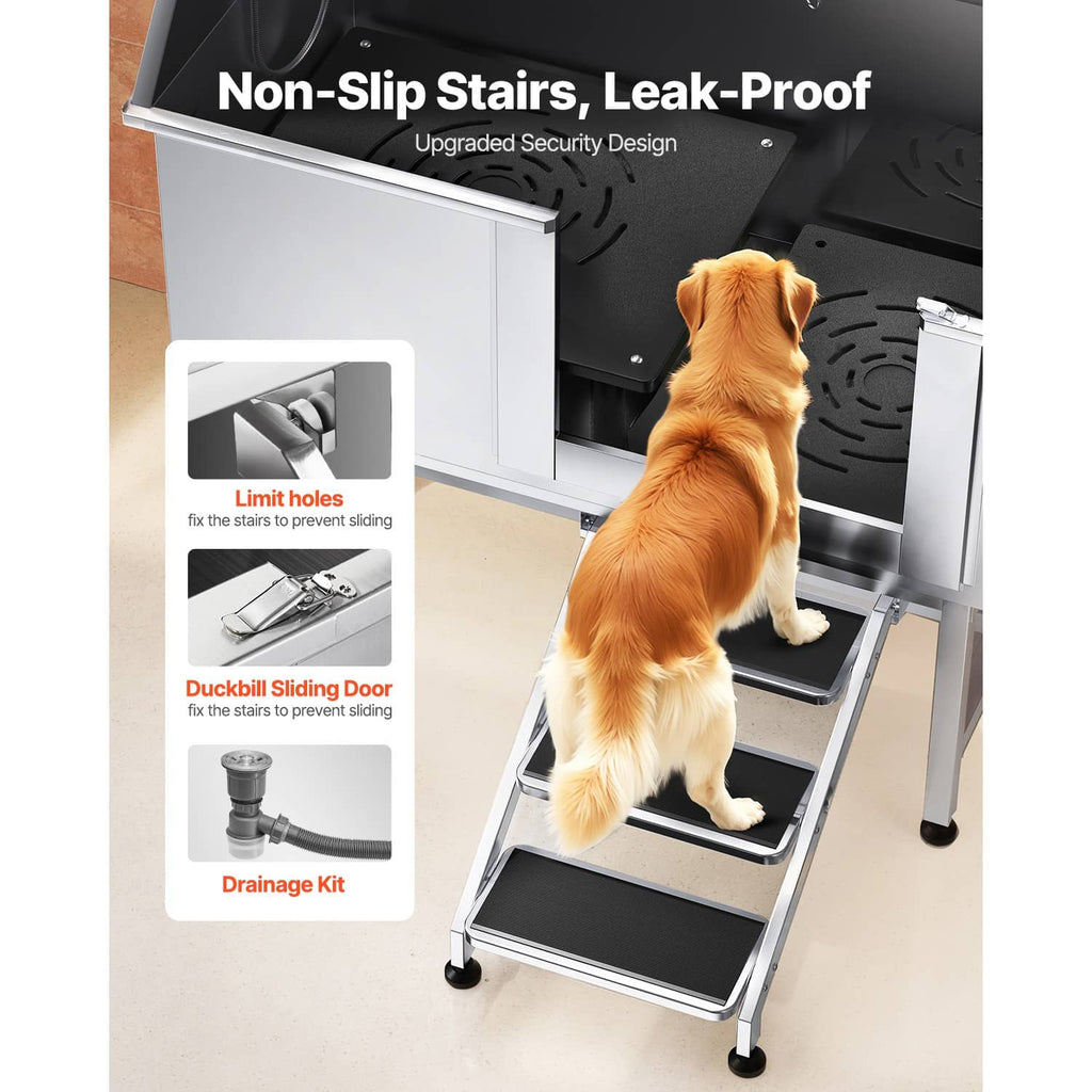 Pet grooming tub with non-slip stairs, sliding door, and leak-proof interior