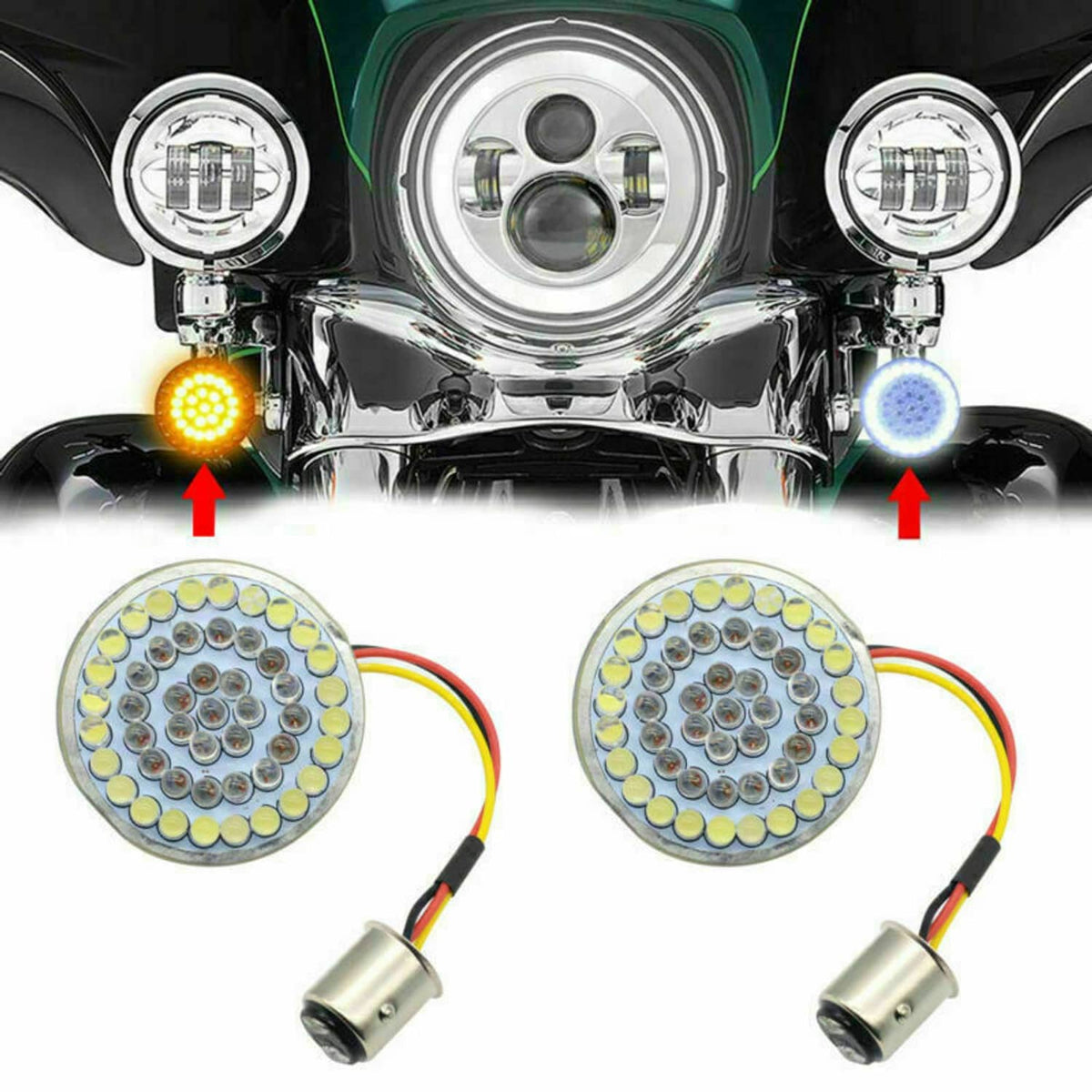 Pair of round LED turn signal bulbs with visible diode arrays and silver base, wired