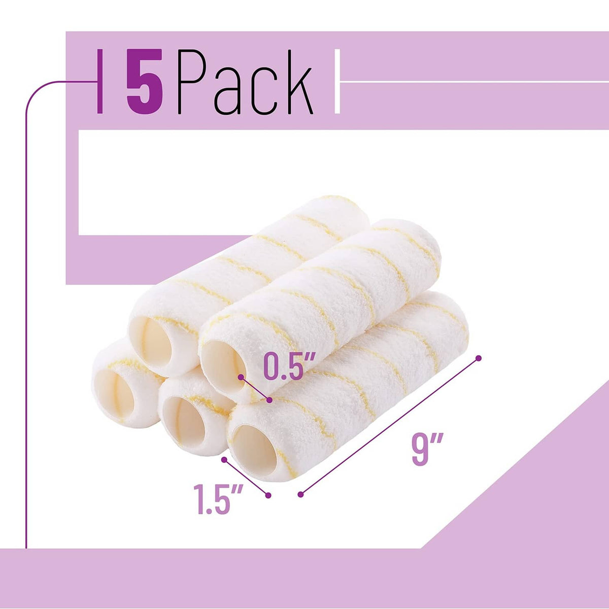 Five paint roller covers bundled, white foam with yellow stripe rolled tubes