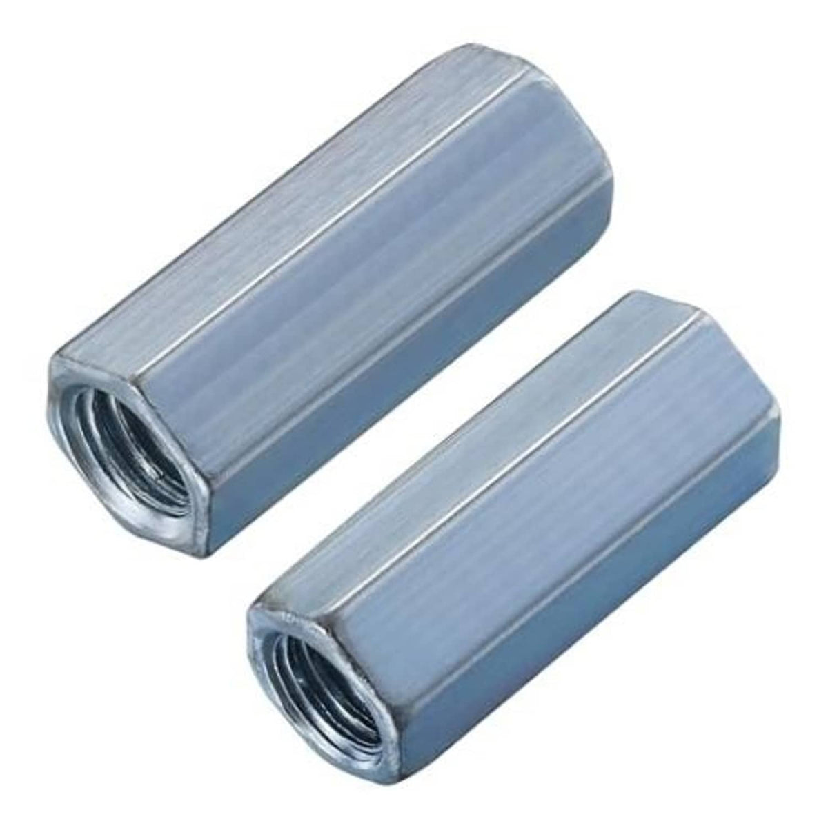 Zinc-plated extended hex coupling nuts, steel, silver finish, internal threads