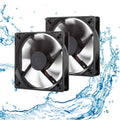 Dual square 12V cooling fans with black frames and four blades each