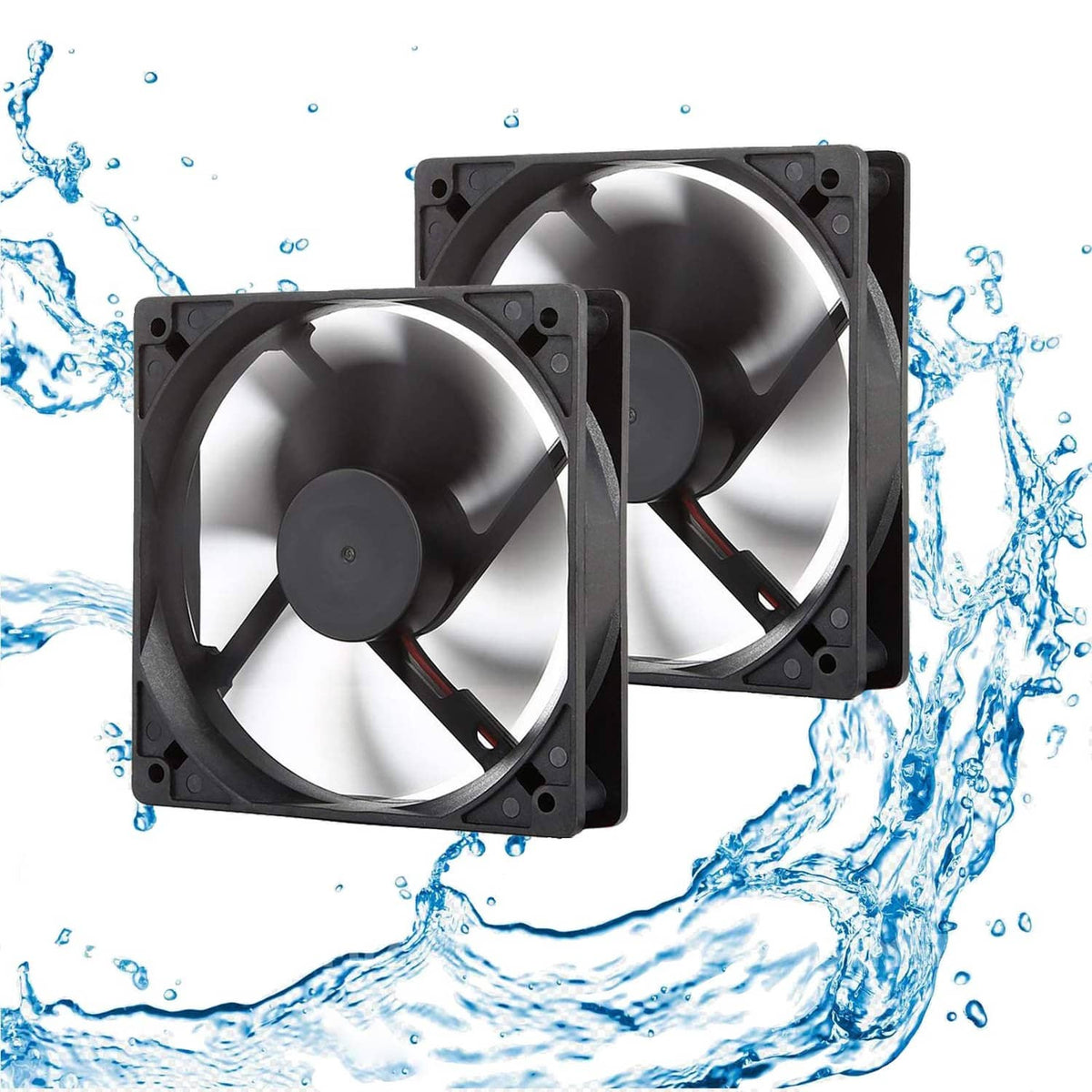 Dual square 12V cooling fans with black frames and four blades each