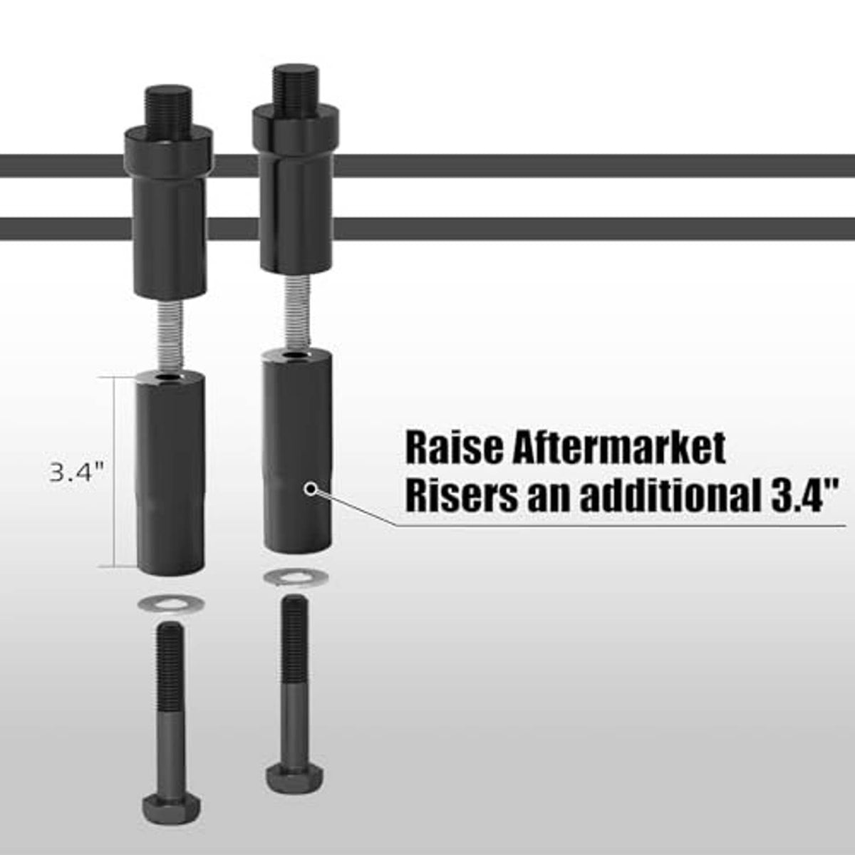 Black handlebar riser extension legs with threaded mounting bolts, pair