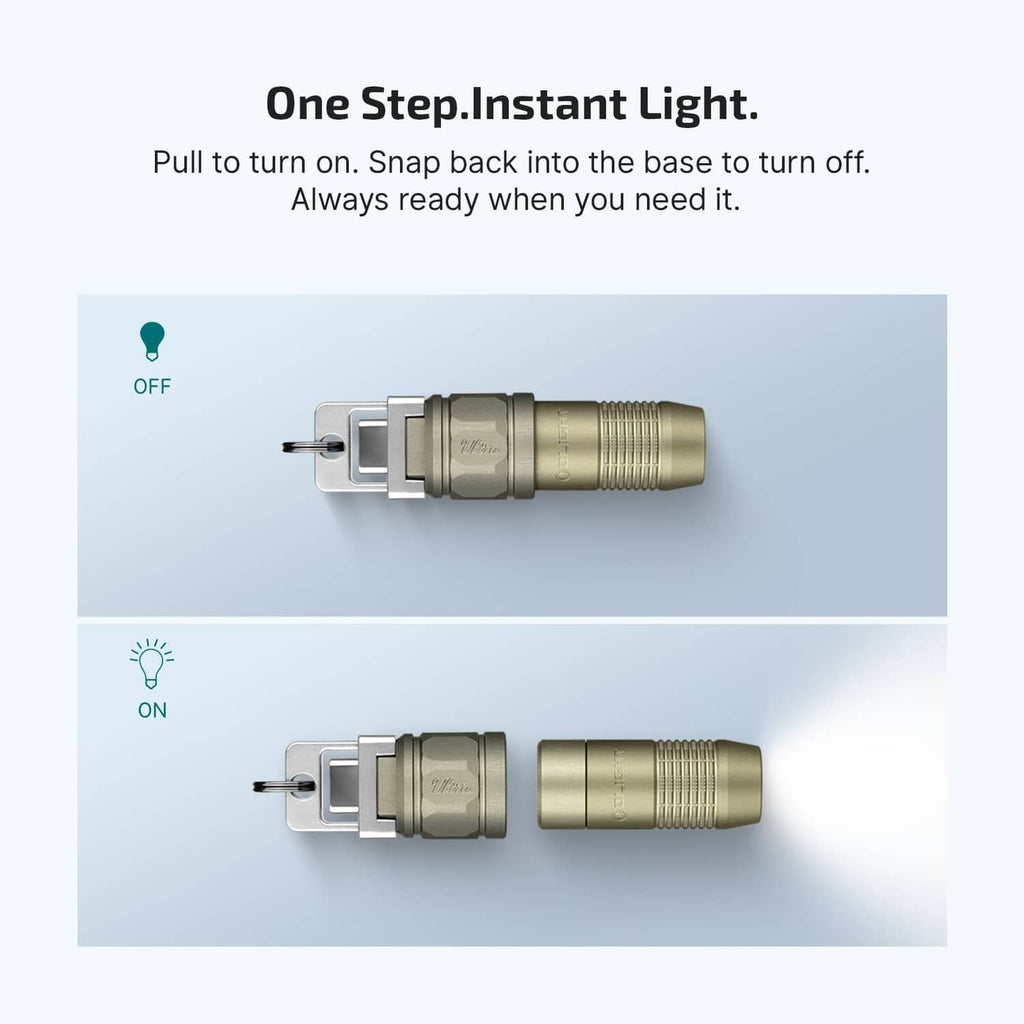 Olive green mini LED flashlight with clip, shown in on and off positions