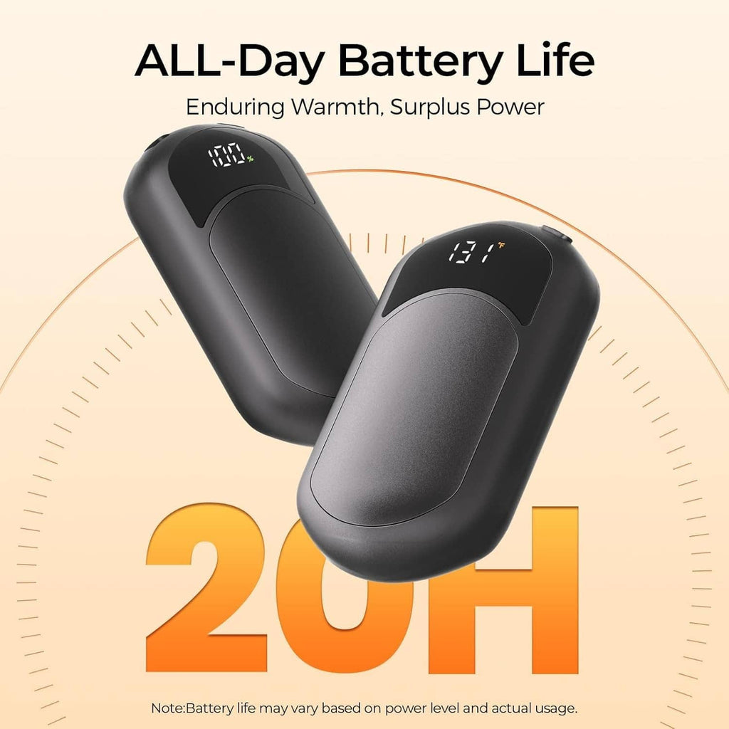 Pair of black rechargeable hand warmers with battery-life indicator and temperature screens