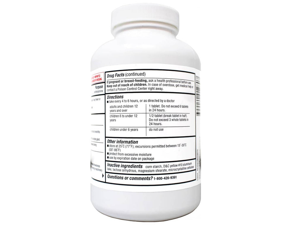 Major allergy tablets bottle back label with warnings and other information