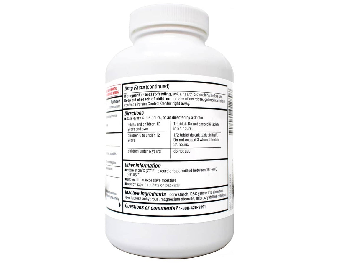 Major allergy tablets bottle back label with warnings and other information
