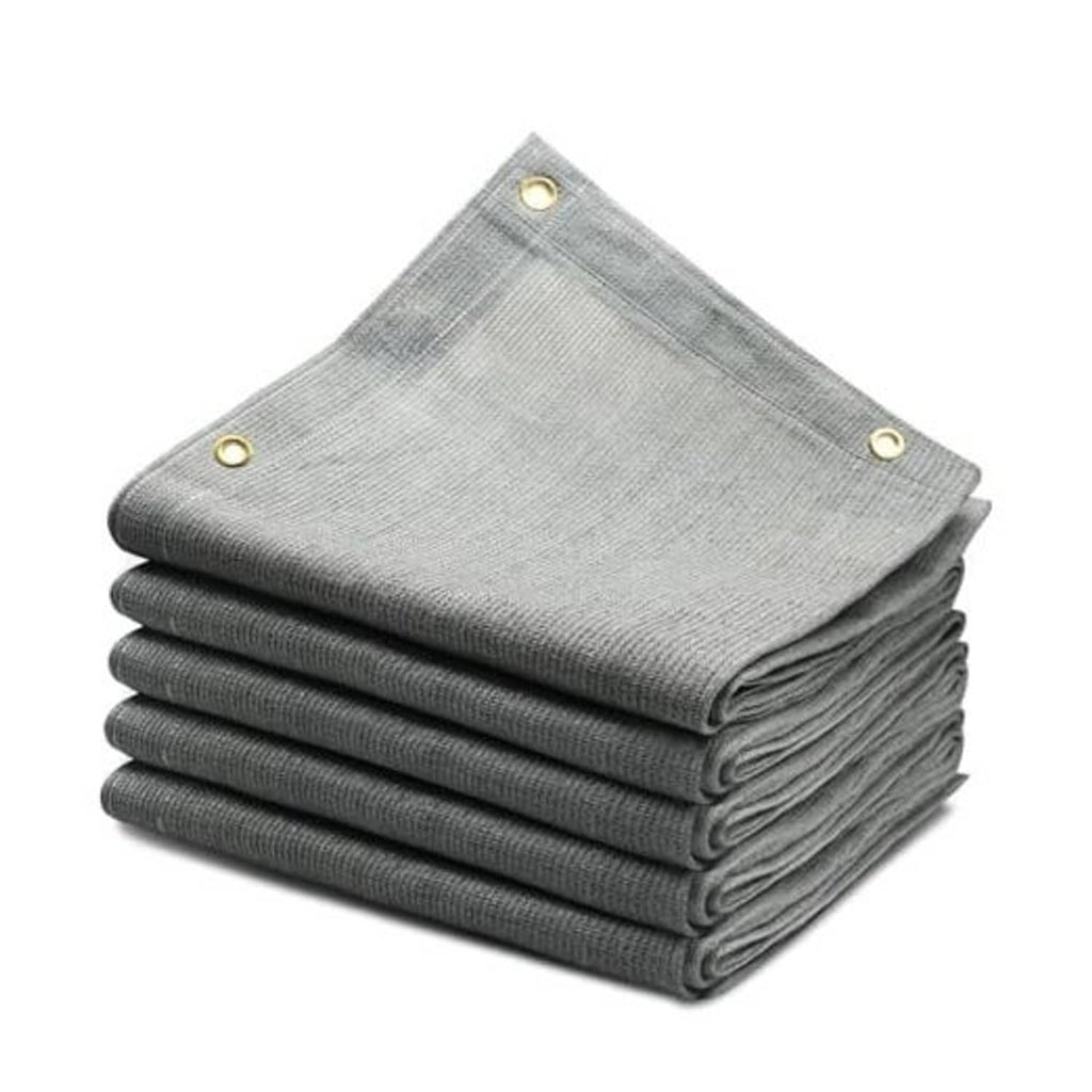 Gray sun shade cloth bundle with reinforced grommets, folded for pergola cover