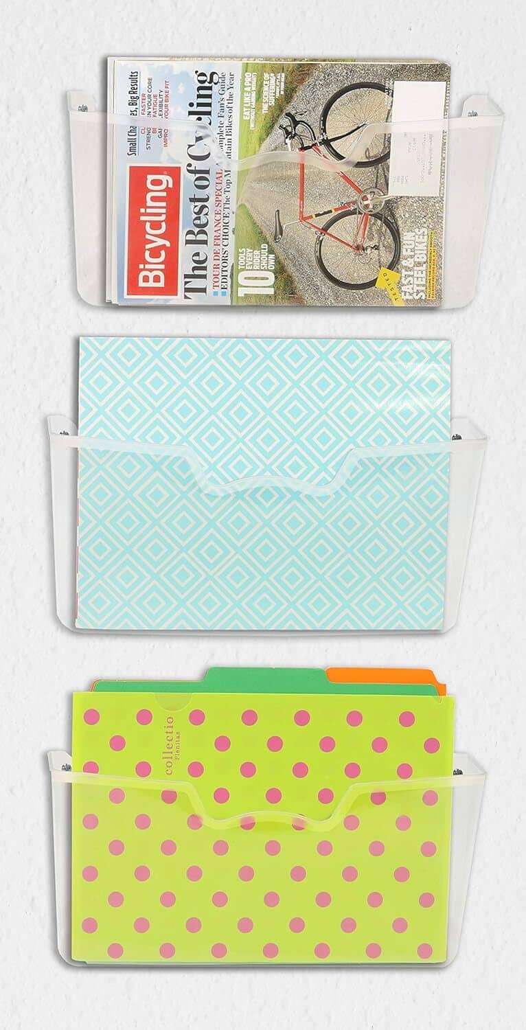Set of 3 clear wall-mount document holders with patterned mail papers