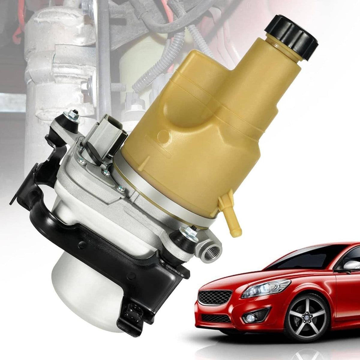 Electric power steering pump assembly with beige reservoir, black brackets, and silver cylinder