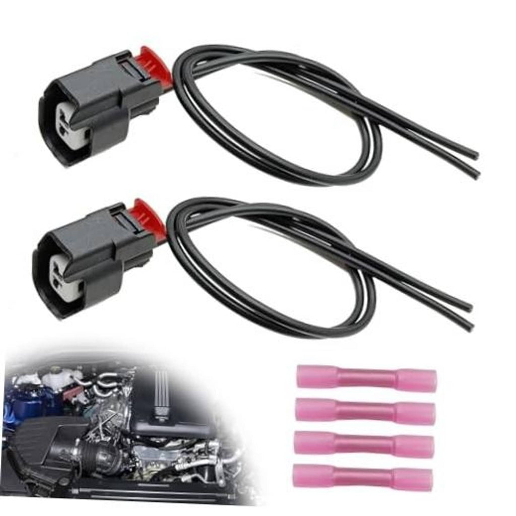 Wheel speed sensor wiring harness with two black pigtail connectors, red tabs, and leads