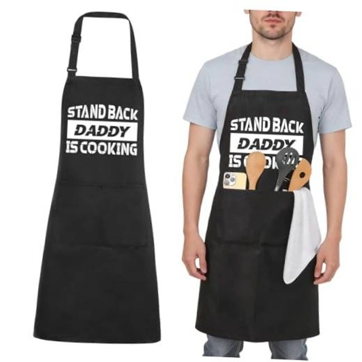 Black adjustable kitchen apron with pocket and “STAND BACK DADDY IS COOKING” print