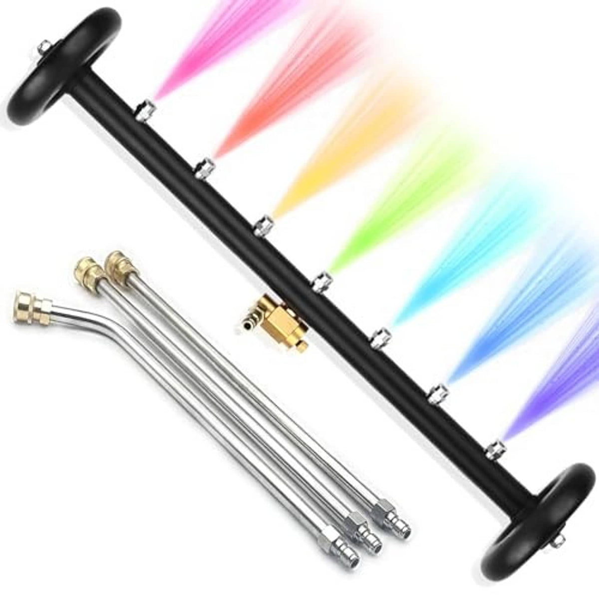 Rotary undercarriage cleaner with black frame, brass connector, and two extension wands