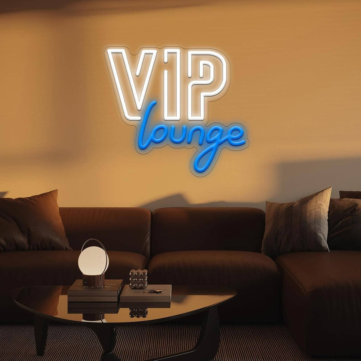 Neon wall sign "VIP lounge" with white and blue glow, mounted on a wall
