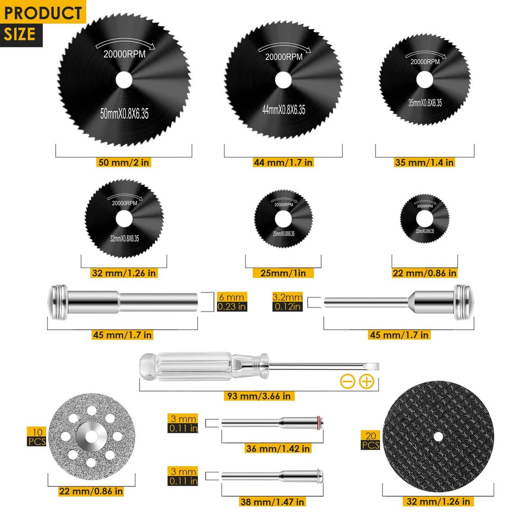 Cutting wheel size chart showing multiple disc diameters and compatible mandrel lengths