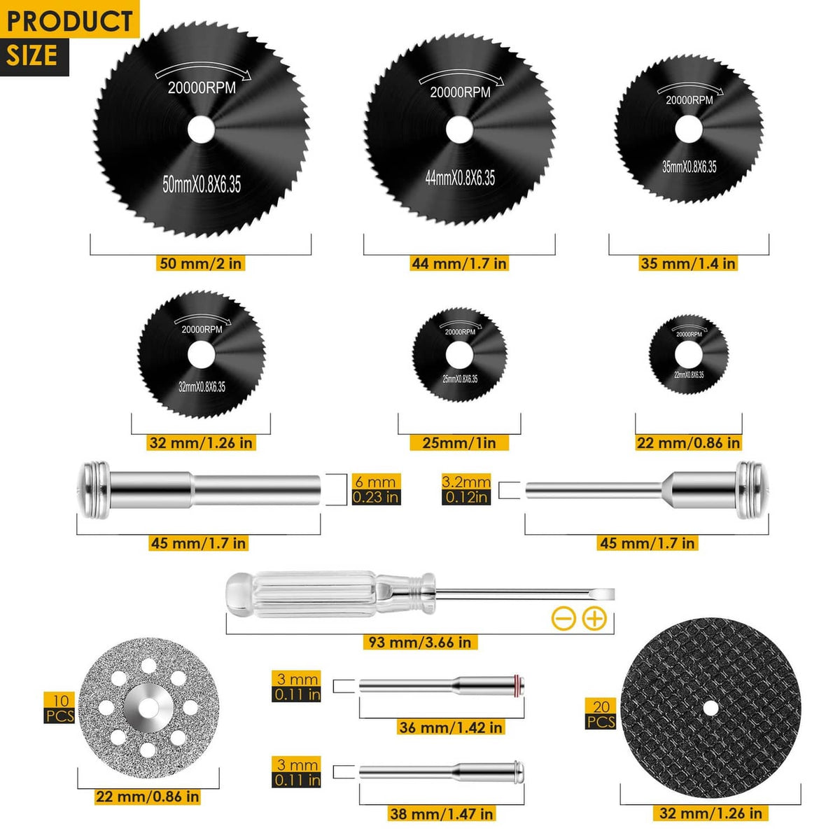 Cutting wheel size chart showing multiple disc diameters and compatible mandrel lengths