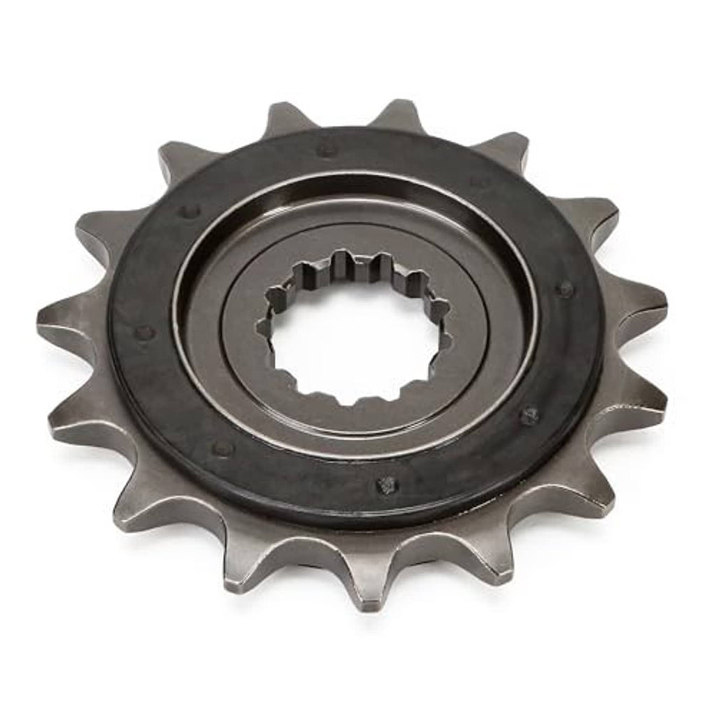 15-tooth motorcycle front sprocket, dark outer ring with splined center