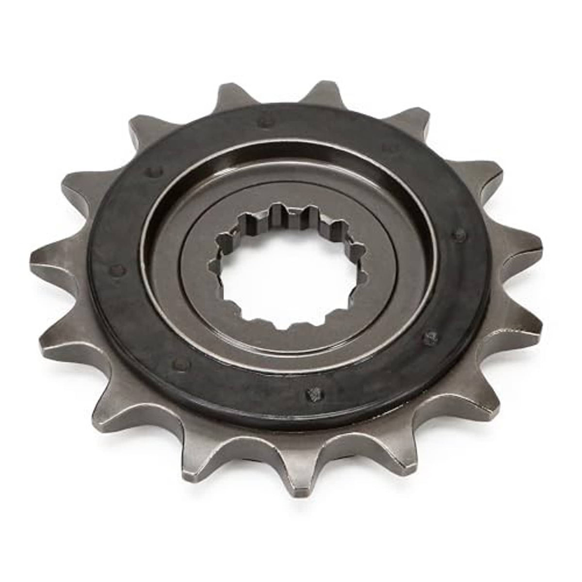 15-tooth motorcycle front sprocket, dark outer ring with splined center