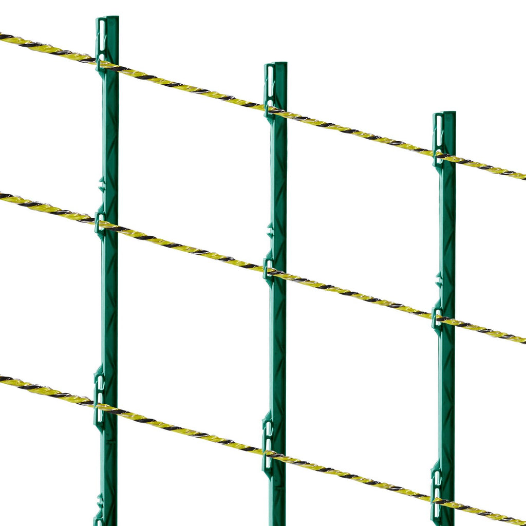 Electric fence wire run with braided yellow-and-black strands secured to green posts