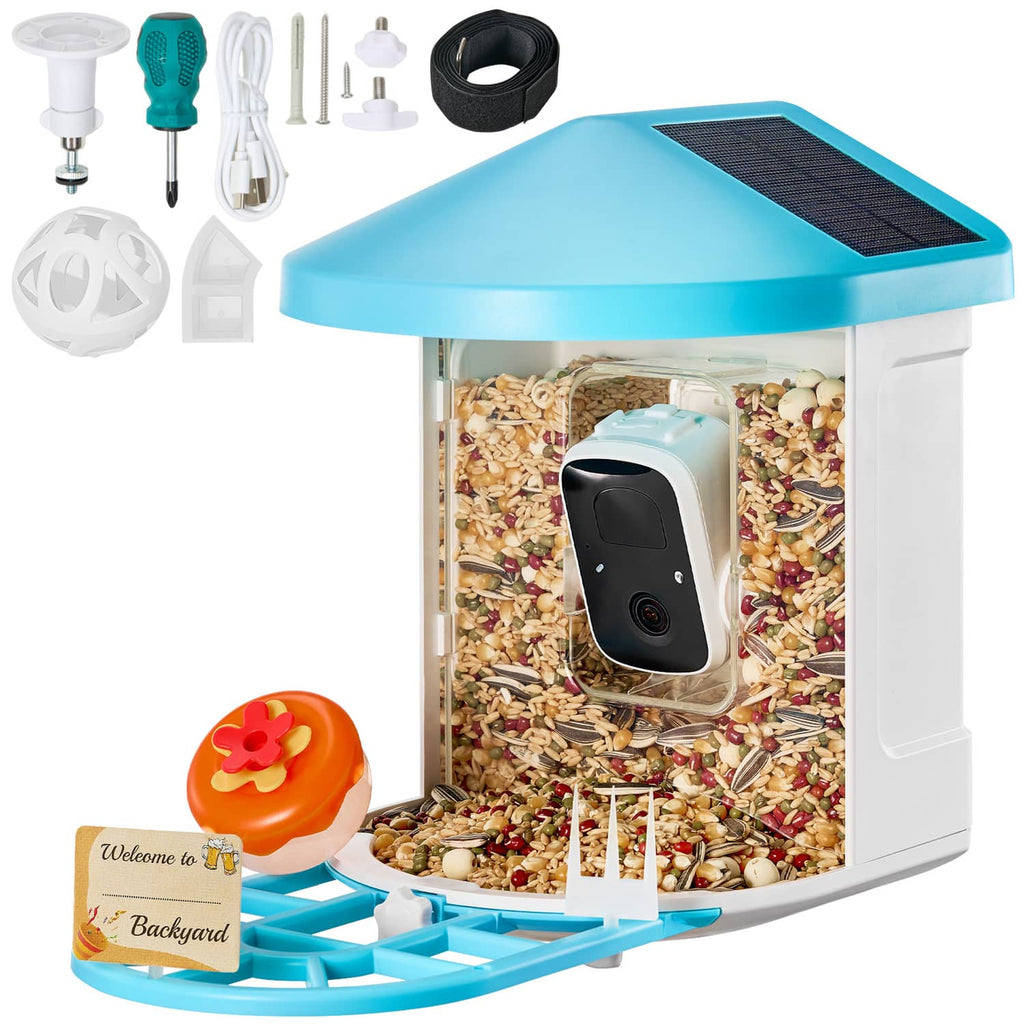 Smart bird feeder with solar lid, clear seed chamber, and camera module plus accessories