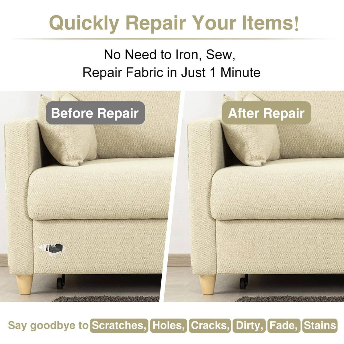 Canvas repair tape patch covering a small tear on upholstered fabric, before and after