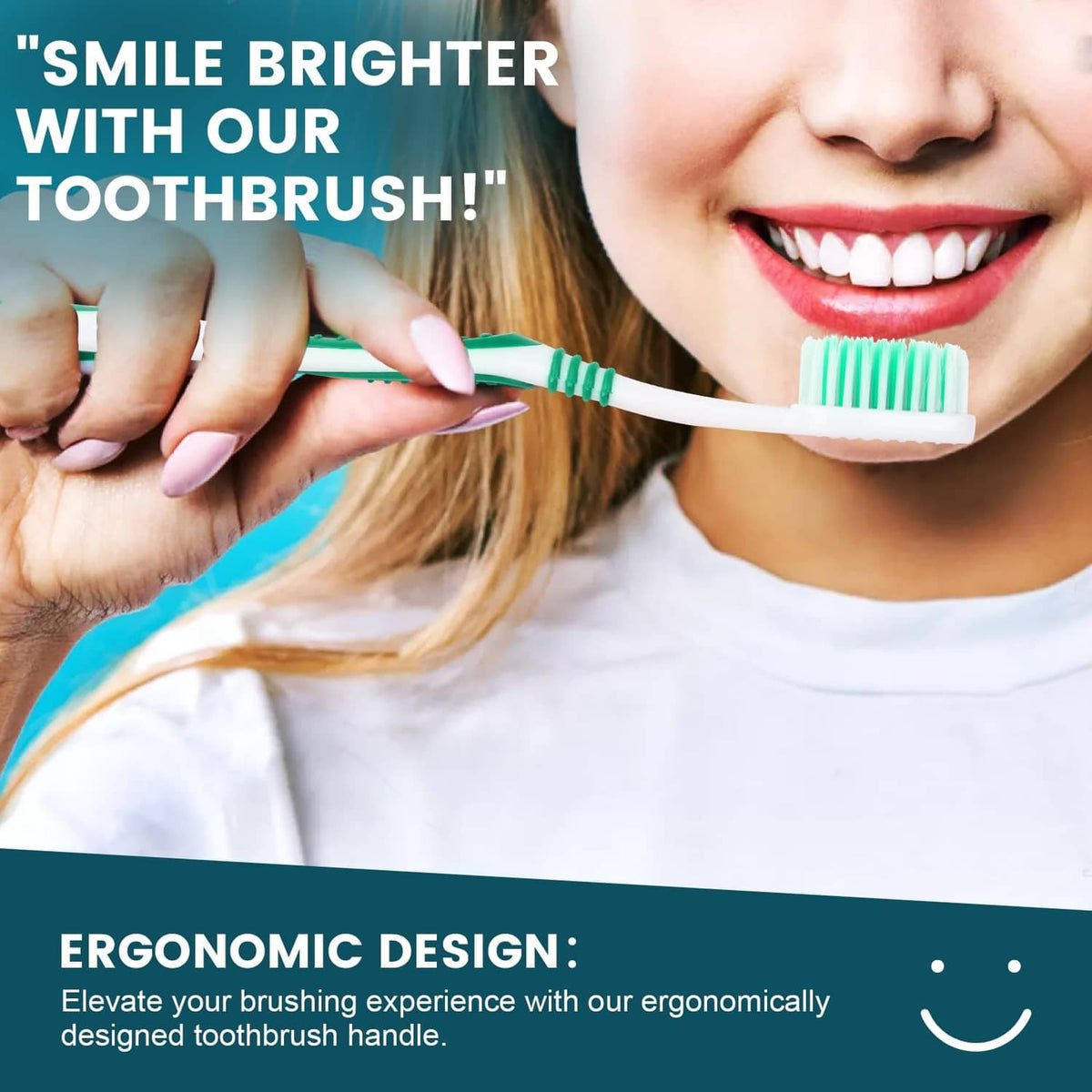 Disposable toothbrush being held with mint-green bristles and white handle