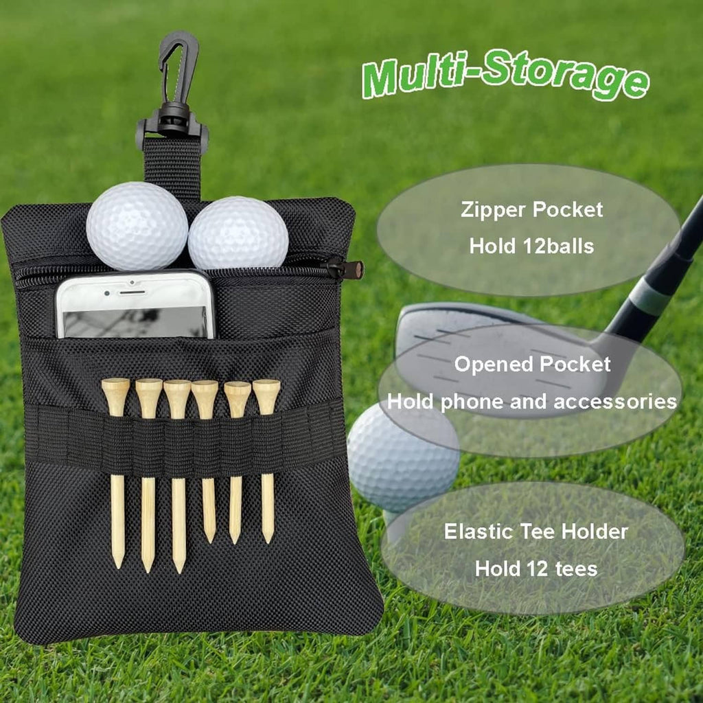 Black golf pouch bag with swivel clip, zip pocket, phone pocket, and tee holders