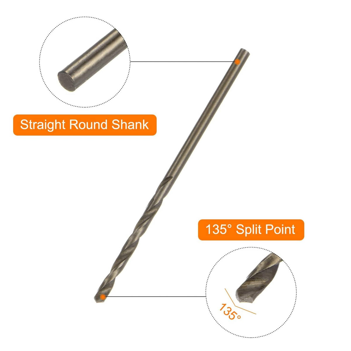 135° split-point cobalt drill bits with straight round shank, 1.8mm