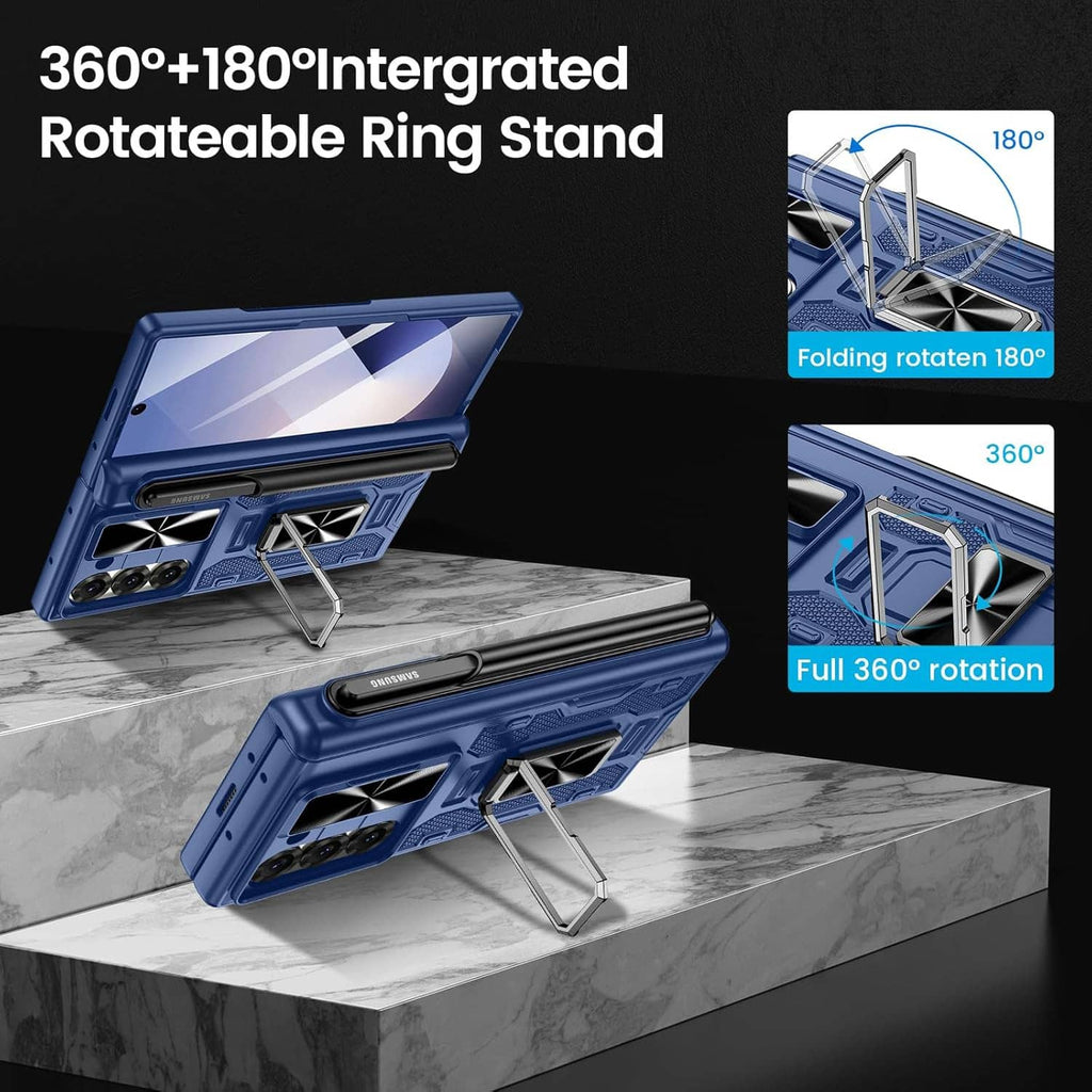 Blue fold phone case with integrated 360° rotatable ring stand and folding support