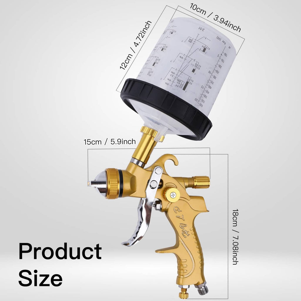 Gold HVLP spray gun with white 600ML cup and labeled size dimensions