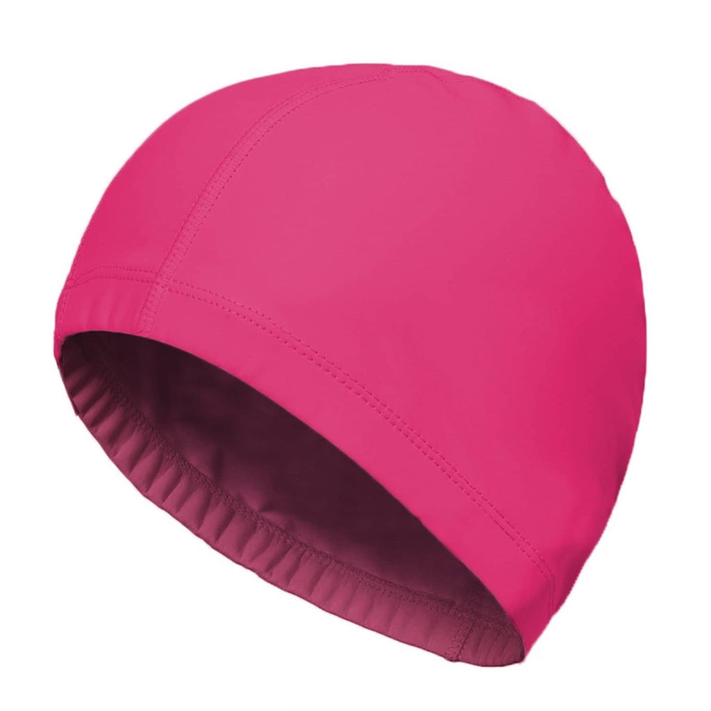 Pink swim cap with stitched panels and elastic rim