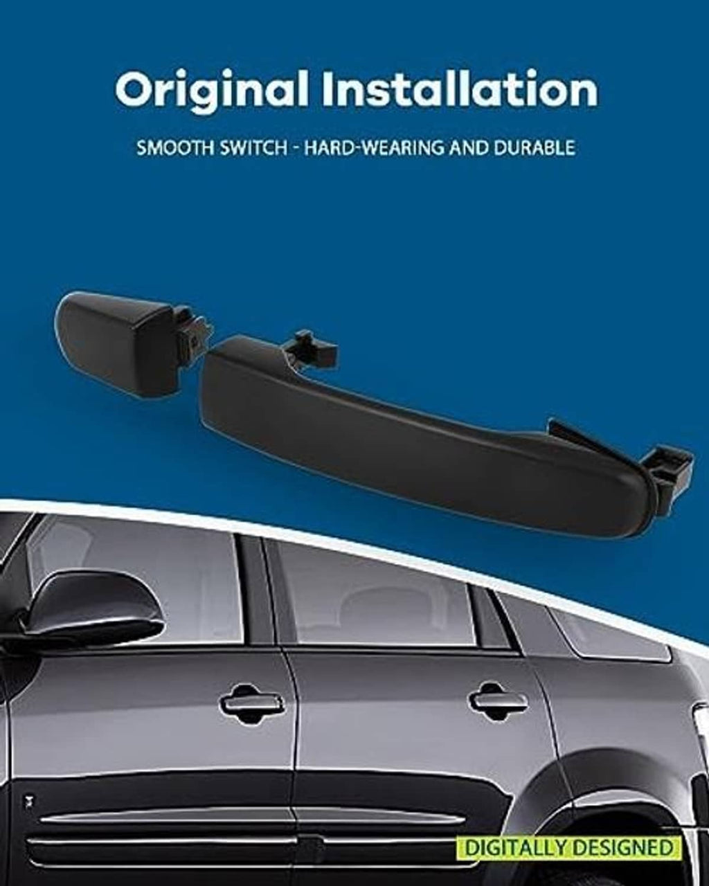 Black exterior door handle with mounting tabs, front passenger right side
