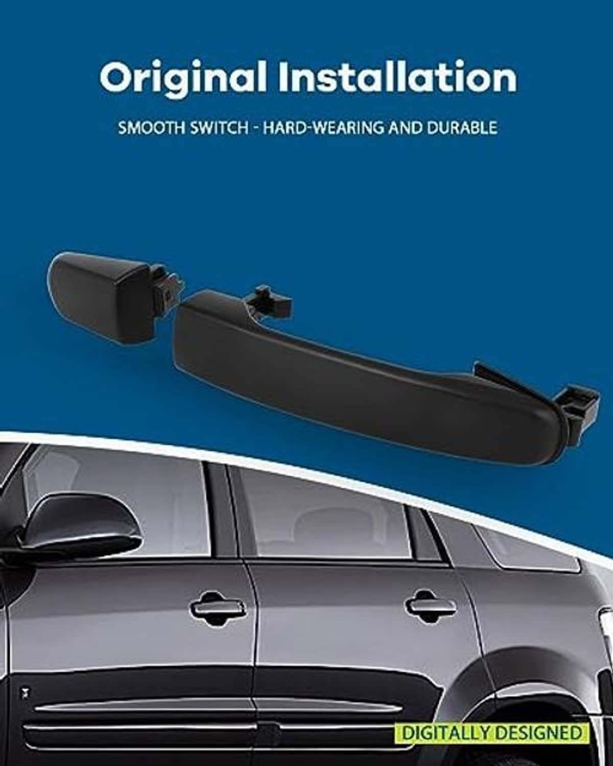Black exterior door handle with mounting tabs, front passenger right side