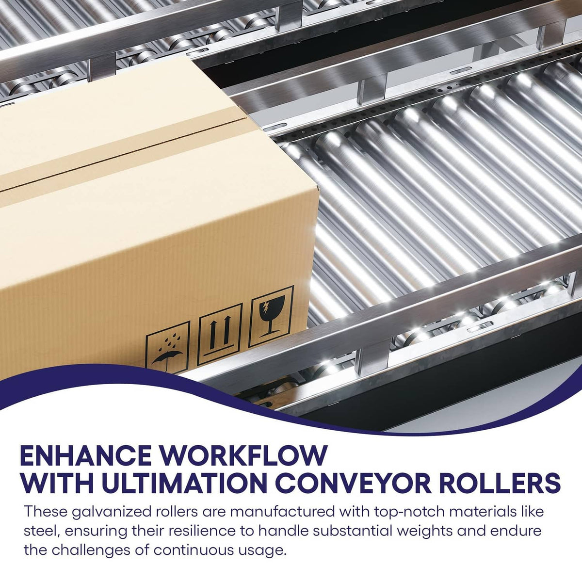 Galvanized steel conveyor rollers under boxed packages on a metal roller bed