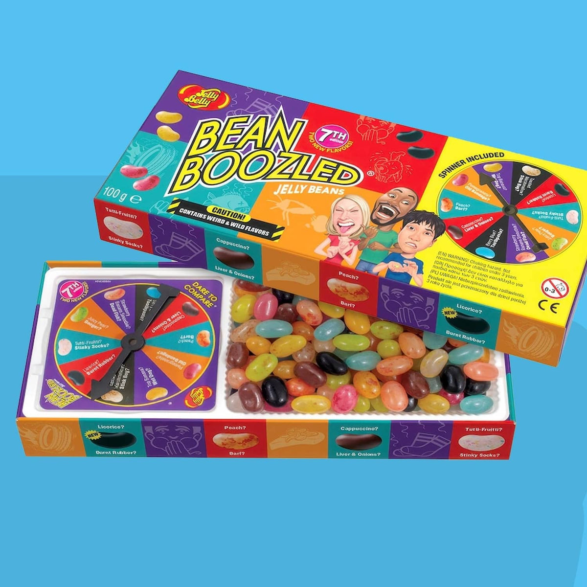 Jelly Belly Bean Boozled gift box open with jelly beans and a flavor spinner disk.