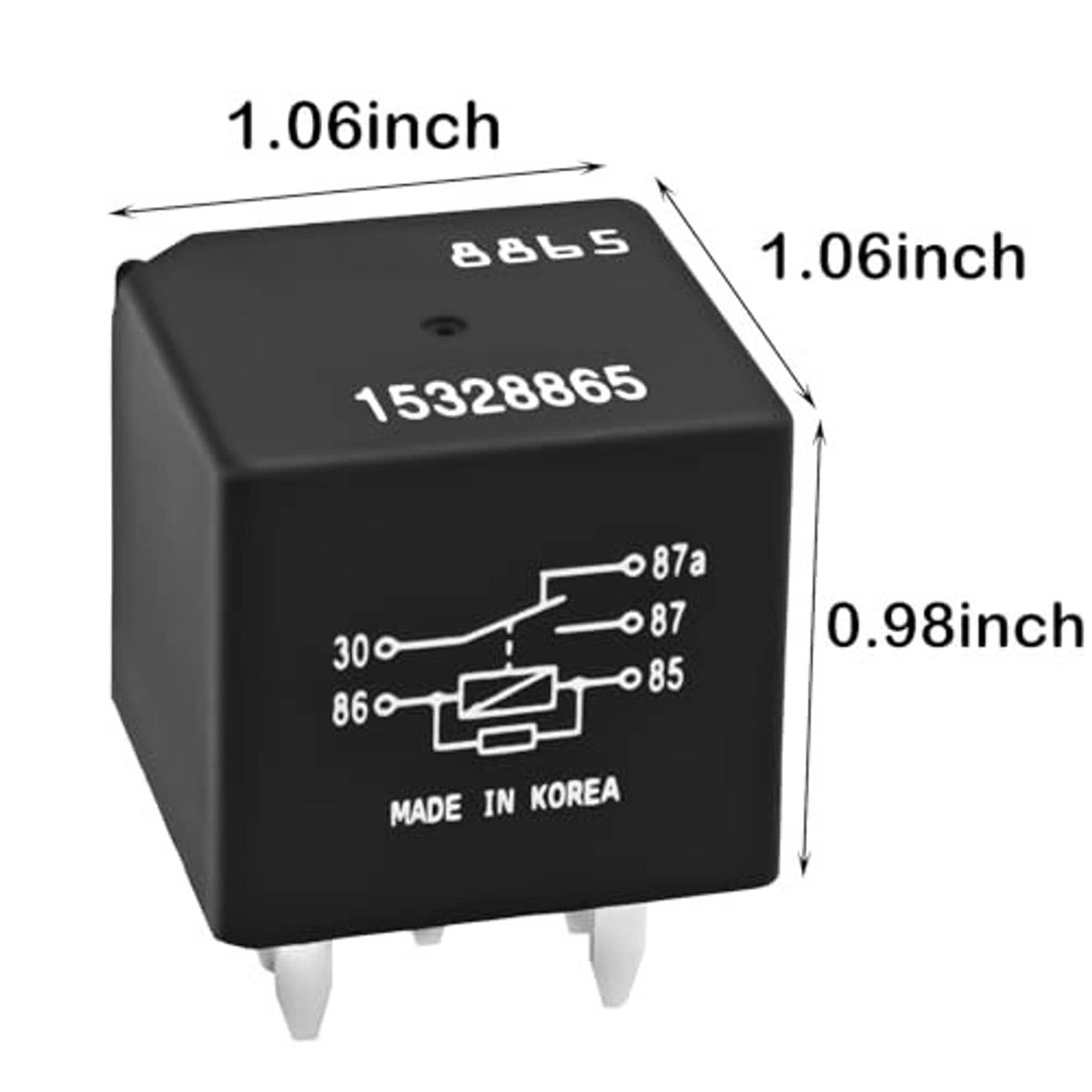 Black automotive relay cube with 15328865 marking, dimensions, and contact diagram