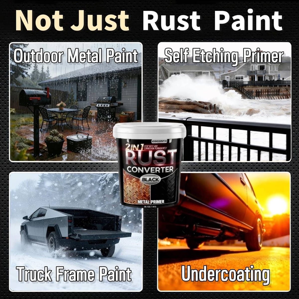 Rust converter paint can labeled 2-in-1 metal primer, matte black, promotional collage