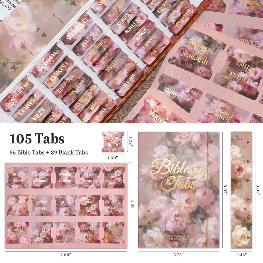 Pink rose floral Bible index tabs with gold-foil book titles on display sheets.
