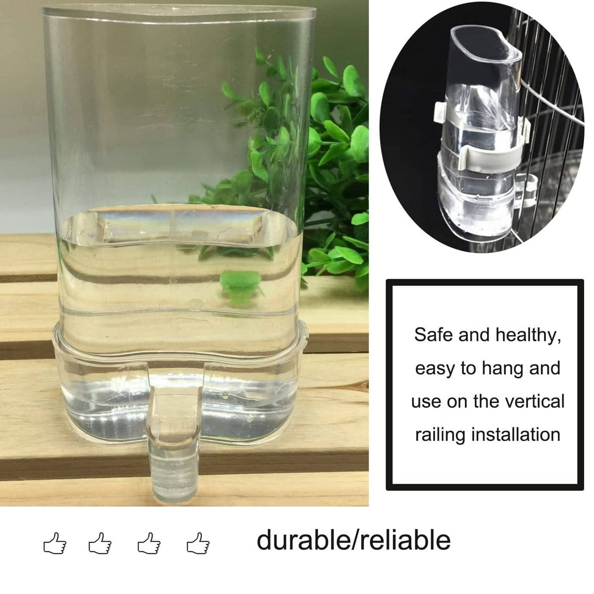 Clear automatic bird waterer with refill spout and white mounting bracket