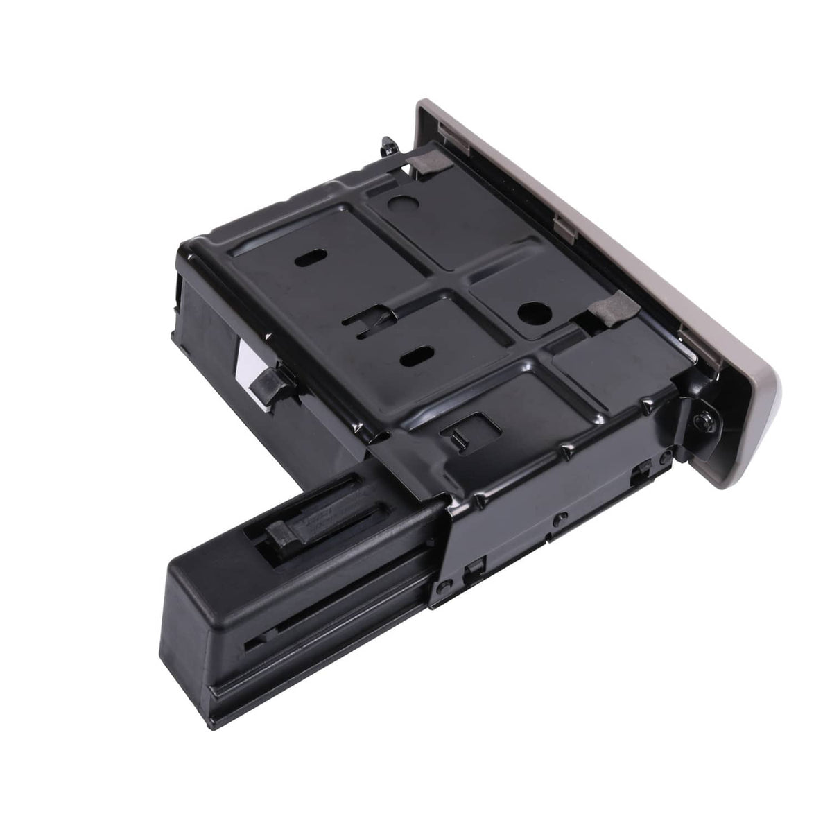 Black dashboard ashtray and cup holder insert with open compartment and gray trim edge