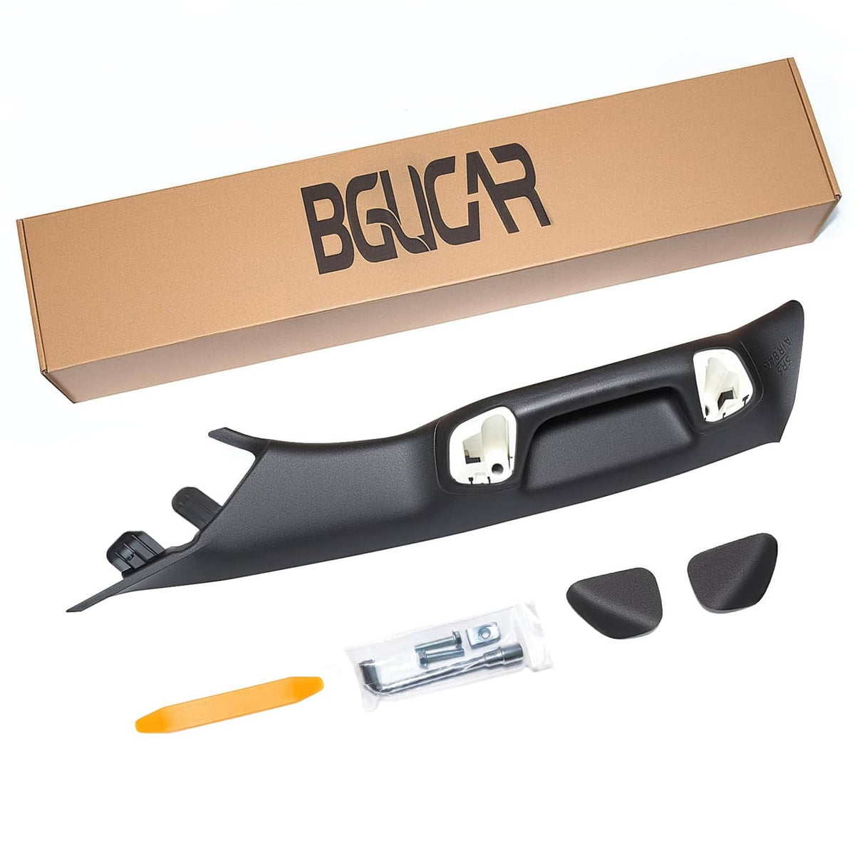 Black driver-side A-pillar grab handle kit with mounting hardware and trim pieces