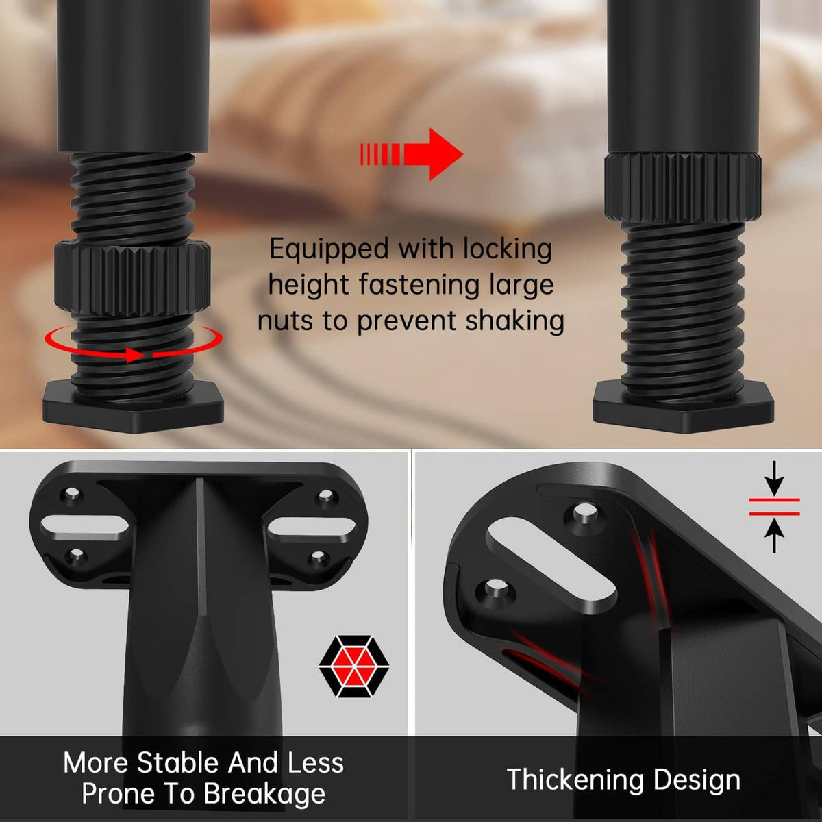 Two black plastic bed frame legs with locking height fastener and threaded stem