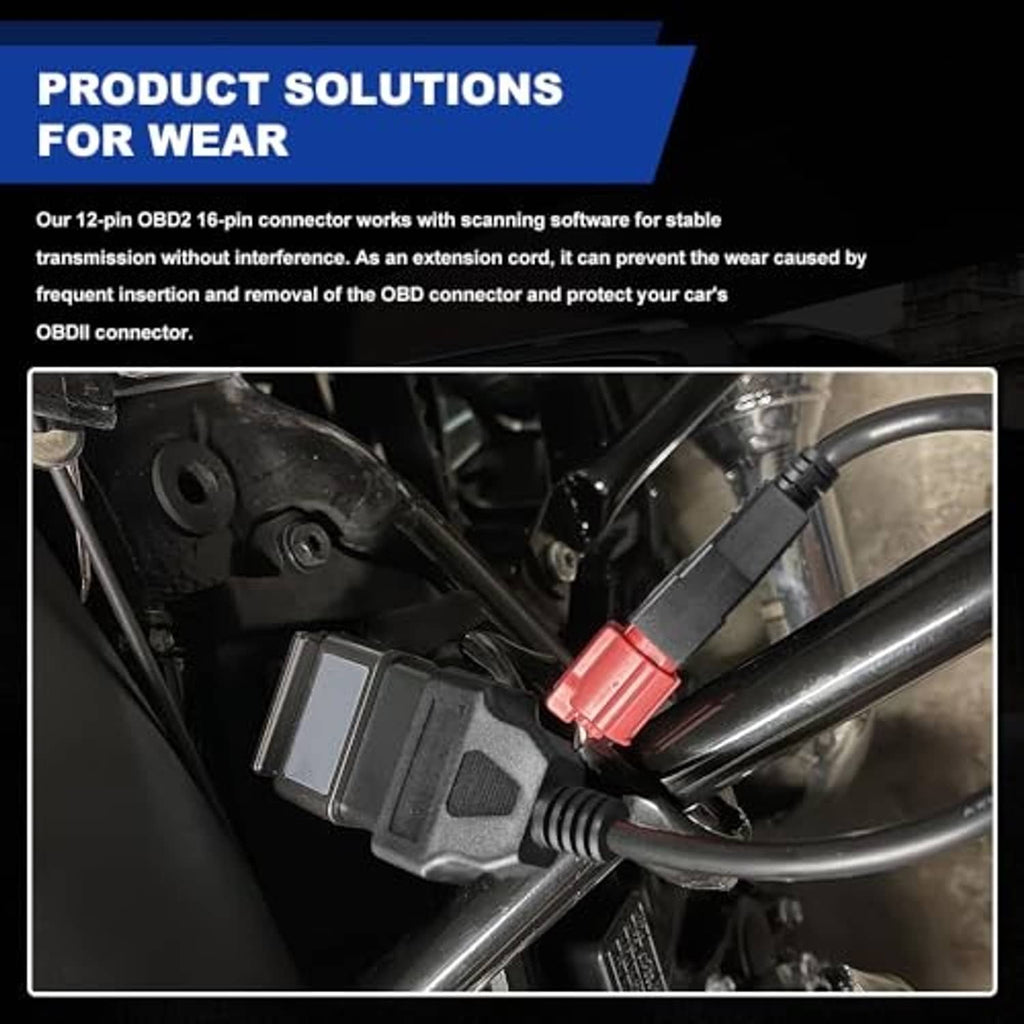 OBD scanner adapter cable close-up with red latch connector in engine bay