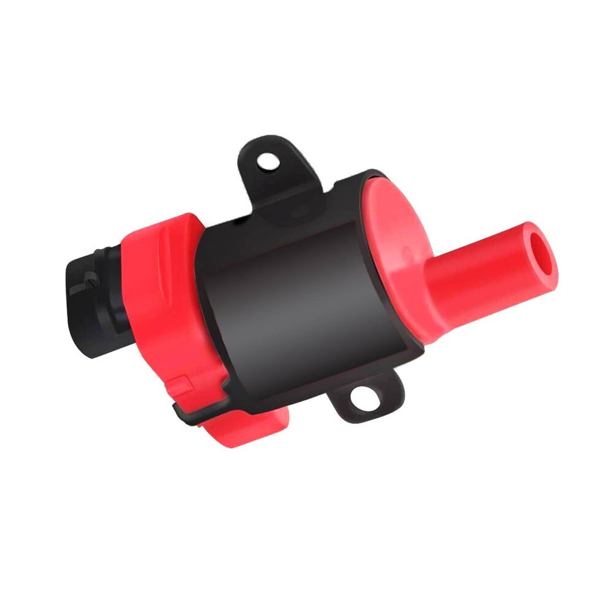 Ignition coil with red cap, black body, and mounting bracket with holes