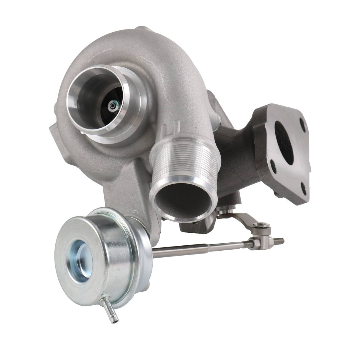 Turbocharger with inlet pipe and compressor outlet, metal wastegate canister