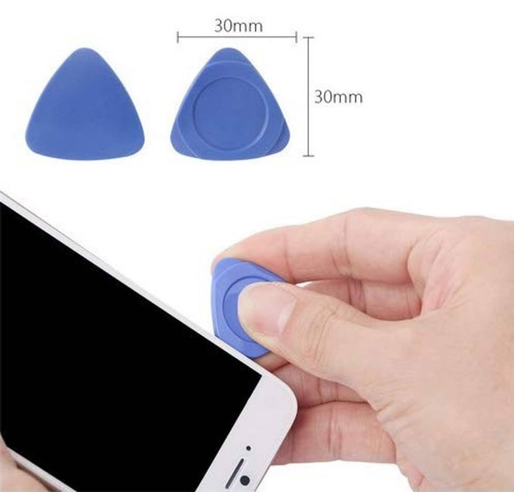 Blue triangular screen opening picks with hand holding one
