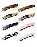 Set of 8 hair barrettes with tortoiseshell, blue, pink, black/white, and clear styles.
