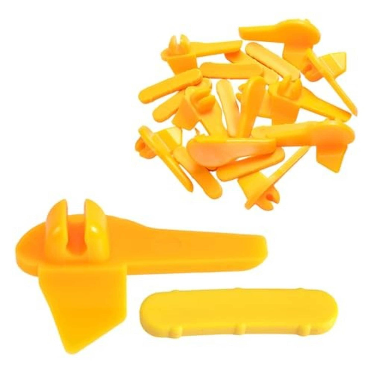 Set of yellow plastic tire rim protector inserts with forked prongs and flat handle bars