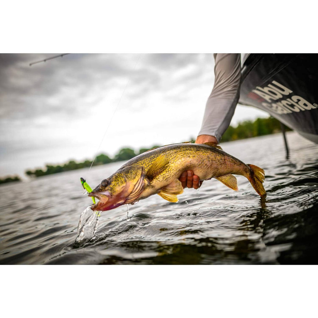 Angler holding a fish in the water with a green-and-white lure