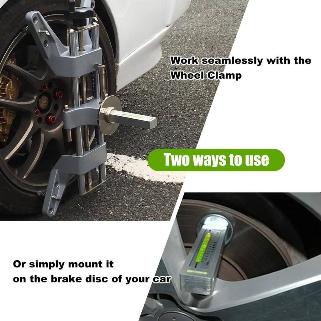 Wheel camber gauge with clamp on car wheel and spoked brake rotor
